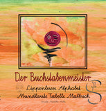 Titelseite des Buches " Der Buchstabenmeister Lippenlesen Alphabet Buben Mundlaute Tabelle Malbuch" orange mit Orginalbild  by Madella-Mella Ursula