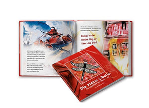 Doppelbuchseite illustriert und Covervorderseite in rot mit dem Titelbild " Die kleine Libelle, die eigentlich ein Drache war" by Madella-Mella Ursula