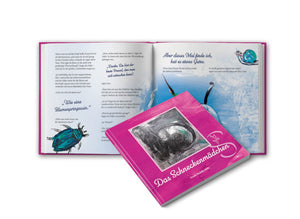 Doppelbuchseite illustriert und Covervorderseite in Pink mit dem Titelbild "Das Schneckenmädchen" by Madella-Mella Ursula